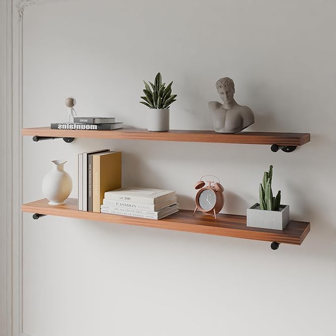 Industrial Pipe Wall Wood Shelves,Real Wooden Shelves 55" in Special Brown Color with 1.2" Extra Thickness, Modern Floating S