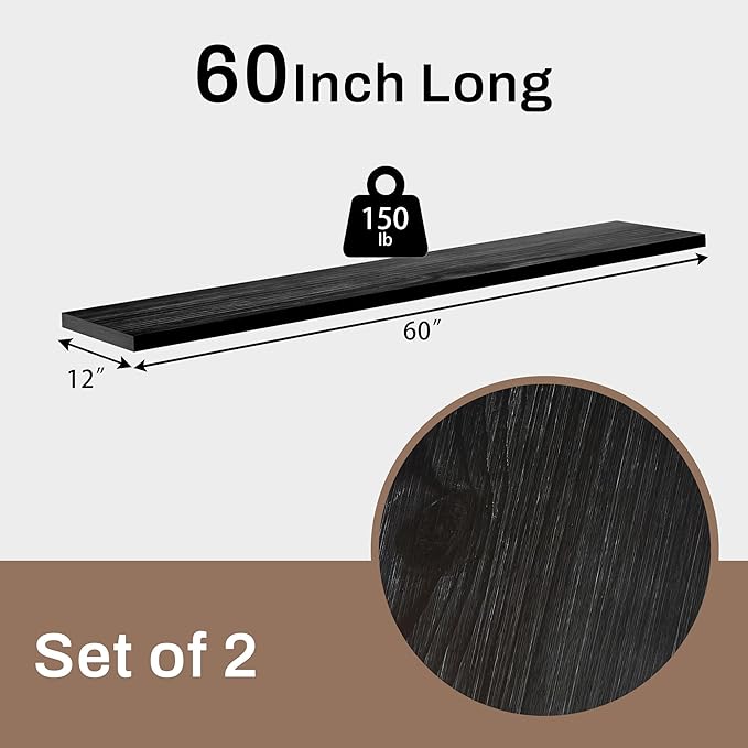 12 Inch Deep Floating Shelves Set of 2, 60 Inch Extra Wide Black Solid Wood Wall Shelves, 5ft Heavy Duty Farmhouse Wall Mount
