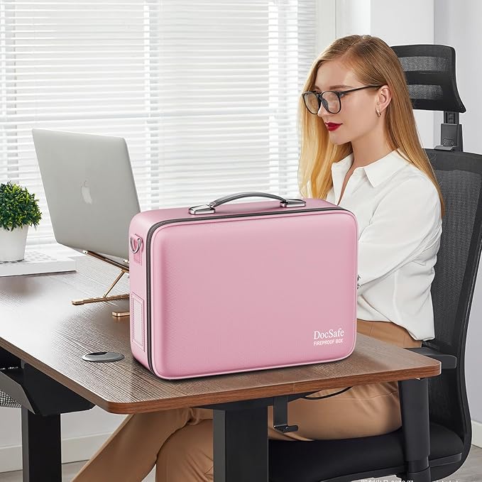 DocSafe Fireproof Document Box with Lock＆Shoulder Strap,Hard Case File Organizer with Accordion File Folder,Multi-Layer Porta
