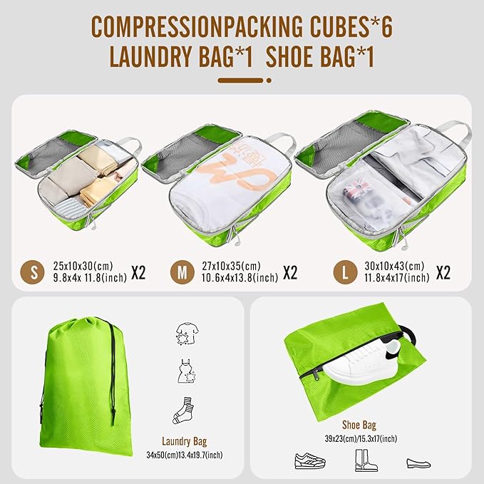 8 Set Compression Packing Cubes for Travel, Expandable Luggage Organizer with Shoe Bag & Laundry Bag - Lightweight Suitcase &
