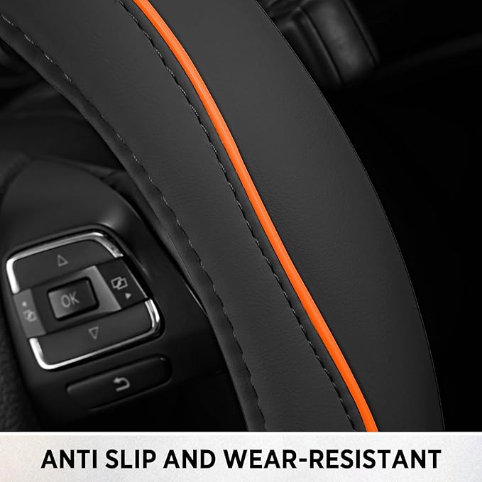 Road Comforts Leather Steering Wheel Cover with Decorative Trim and Piping, Anti-Slip Breathable Design, Fits 14.5–15 Inch Ro