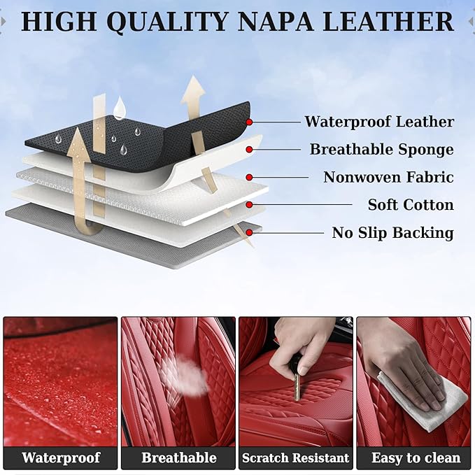 Coverado Car Seat Covers, Rear Car Seat Cover, 3-Pieces Leather Seat Cover, Red Car Seat Cushion, Luxury Seat Cover Seat Prot