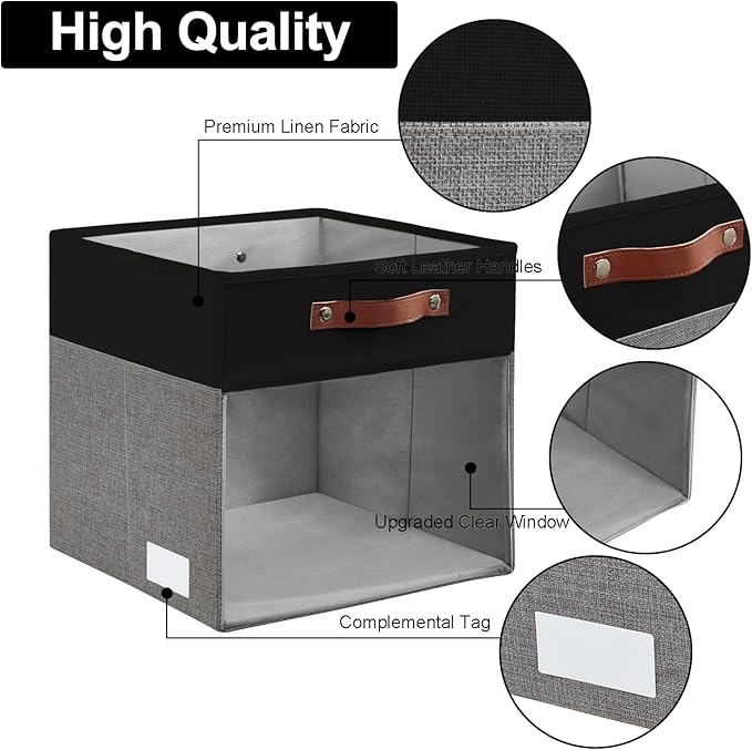 Bagnizer Storage Cubes, 4 Pack Linen Foldable Storage Bins (13 x 13 inch) with Clear Window and Handles, Fabric Organizer for
