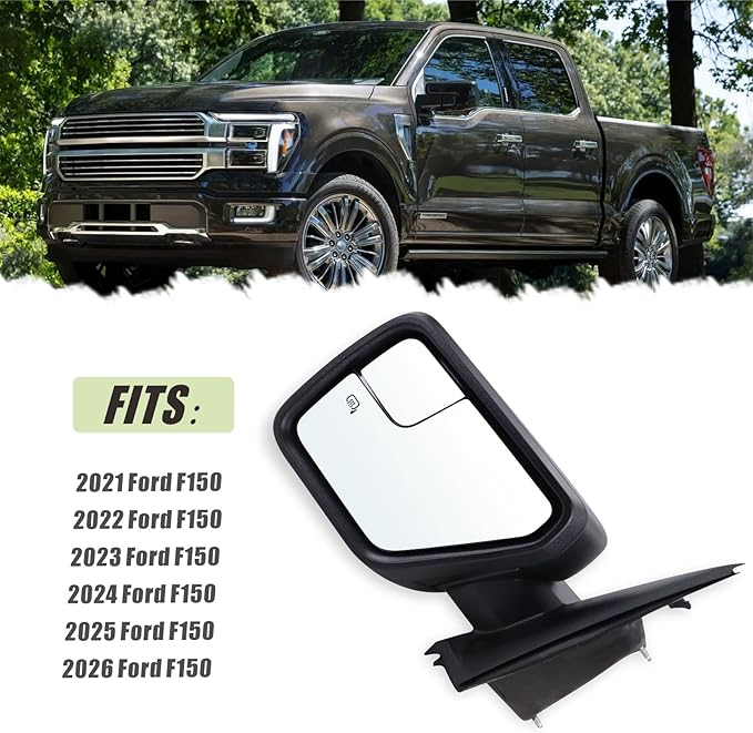 Left Driver Side Door Mirror Compatible With 2021 2022 2023 2024 2025 2026 Ford F150 With Power Glass Manual Folding Heated Matte Black Replace#ML3Z17683UA(5Pins)