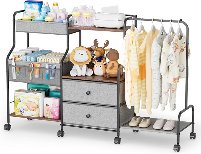 BBLIKE Diaper Caddy Organizer with Hanging Rack - 3 Tier Rolling Utility Cart with Drawers and Dividers for Baby Bottle Stora