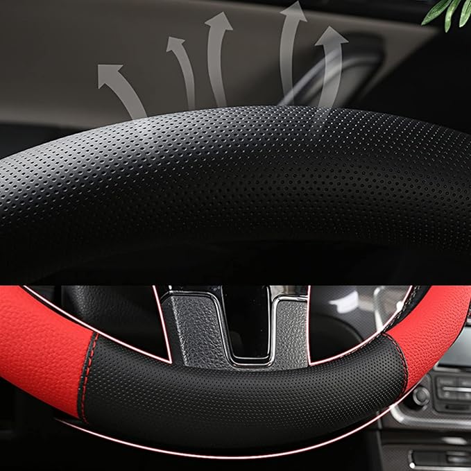 Moyishi Top Leather Steering Wheel Cover Universal Fit Soft Breathable Steering Wheel Wrap (Red)