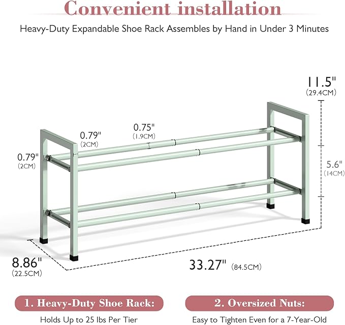 Bumusty 2-Tier Expandable Shoe Rack for Closet, 18“-33” Adjustable Shoe Rack for Small Space, Small Shoe Organizer for Front 