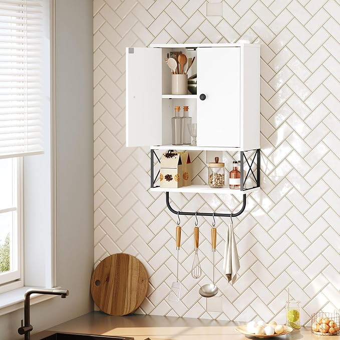 MAHANCRIS Bathroom Wall Cabinet with 2 Door and Adjustable Shelf, Farmhouse Medicine Cabinet with Towel Rack, 3-Tier Wall Mou
