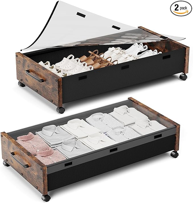 Under Bed Storage with Wheels, Rolling Underbed Storage Drawers, Wooden Under the Bed Storage with Remove Lid, Large Metal St