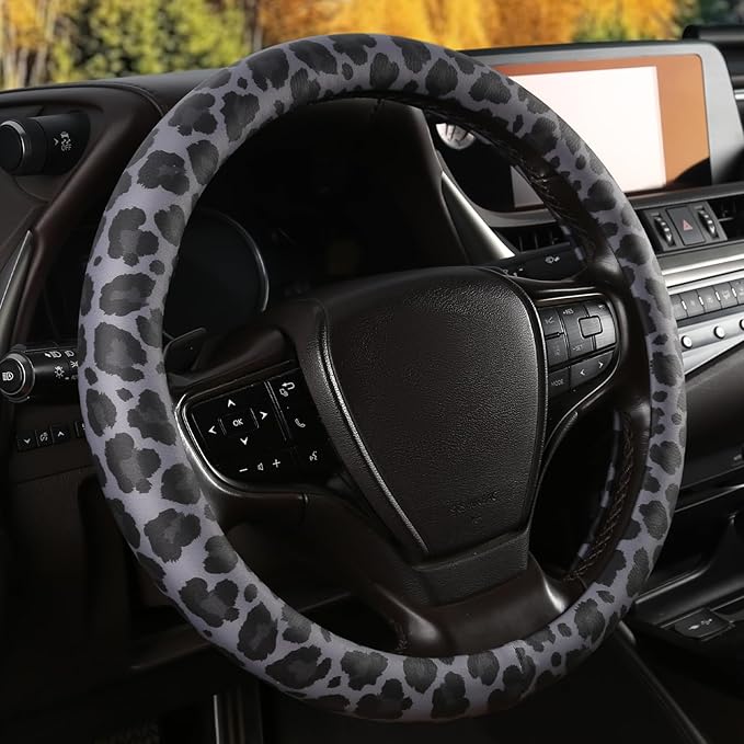 Black Leopard Print Steering Wheel Cover with Silicone Inner Ring, Non-Toxic, Odorless Silicone Leather with Non-Fading Patte