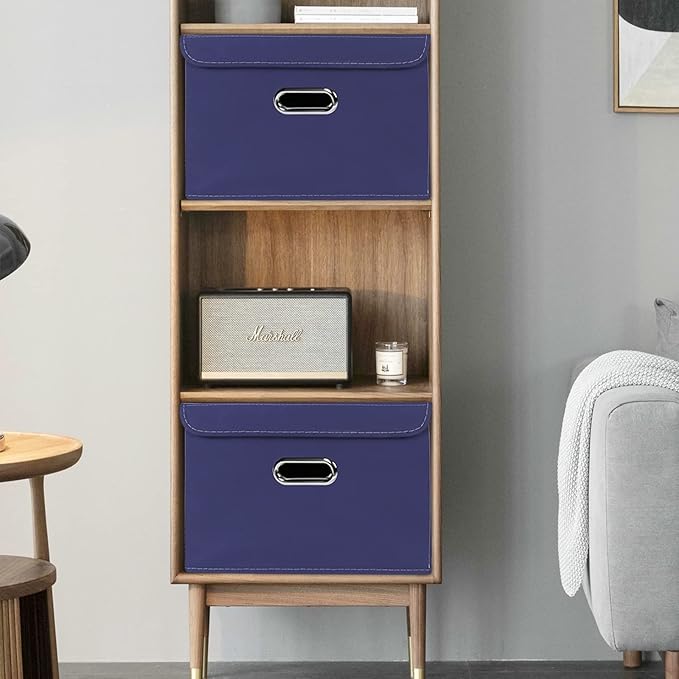 Linen Fabric Foldable Collapsible Storage Cube Bin Organizer Basket Fabric Storage Bins with Lid, Leather Handles, Removable 