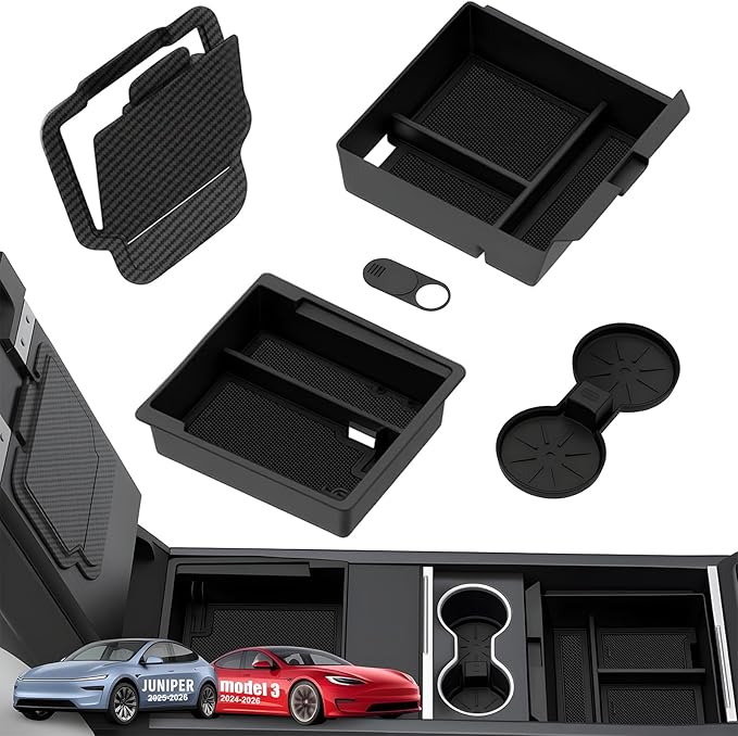 5PCS Center Console Organizer for 2025 2026 Tesla Model Y Juniper (Premium & Performance) and Model 3 Highland Accessories,[Flexible Mobility&Tidy Space] Hidden Storage Box Cup Holder