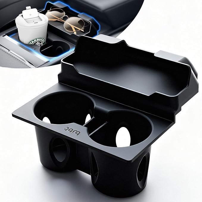 for Tesla Cup Holder Insert, 2-in-1 for Model Y Juniper(2025/2026)& Model 3 Highland(2024/2025) with Storage Compartment - Bl