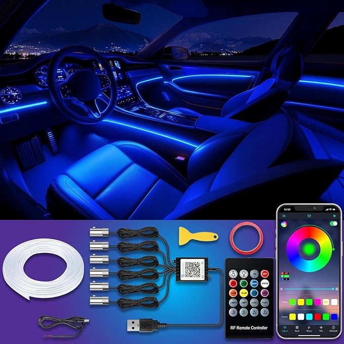 Car LED Strip Lights, USB Interior Ambient Lighting Kits with Wireless APP and RF Remote Control, 16 Million Colors Music Mode Car Decoration Lights with 315 inches 3.0mm Fiber Optic (6 in 1)