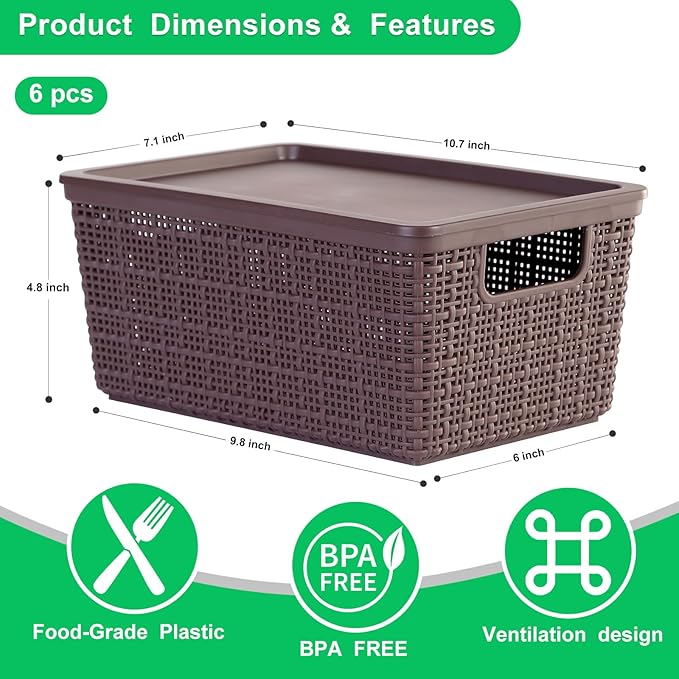 6 Pack Plastic Storage Baskets With Lids,Brown Breathable Stackable Storage Bins,Small Storage Containers,for Organizing Stor