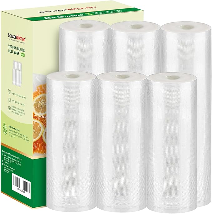 [2025 Upgraded] Bonsenkitchen 3 Rolls 11" x 16' + 3 Rolls 8" x 16' Vacuum Sealer Bags for Food with a Color Box, Easy to Stor