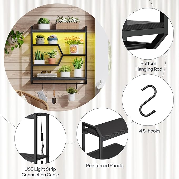 HOOBRO Gaming Floating Shelf with LED Lights, 27.5" LED Wall Mounted Shelf with Hanging Rod & 4 S-Hooks, 4-Tier Hanging Displ