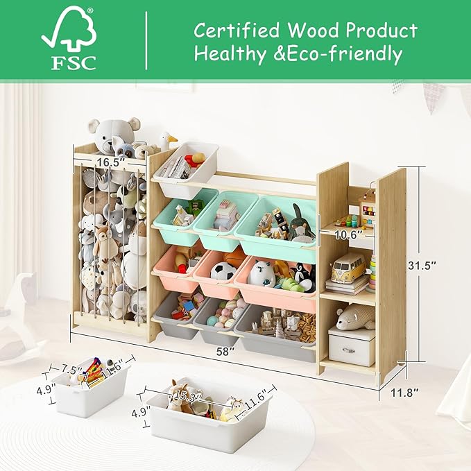EXPERLAM 3-in-1 Toy Storage Organizer, Stuffed Animal Holder & 3-Tier Bookcase, Solid Wood Toy Organizer with 12 Storage Bins