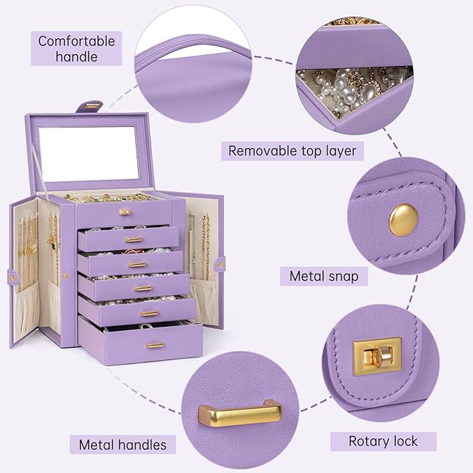 AKOZLIN 6-Tier Jewelry Box Organizer Functional 5 Drawers Leather Jewelry Storage Case for Women Girls Ring Necklace Earring 
