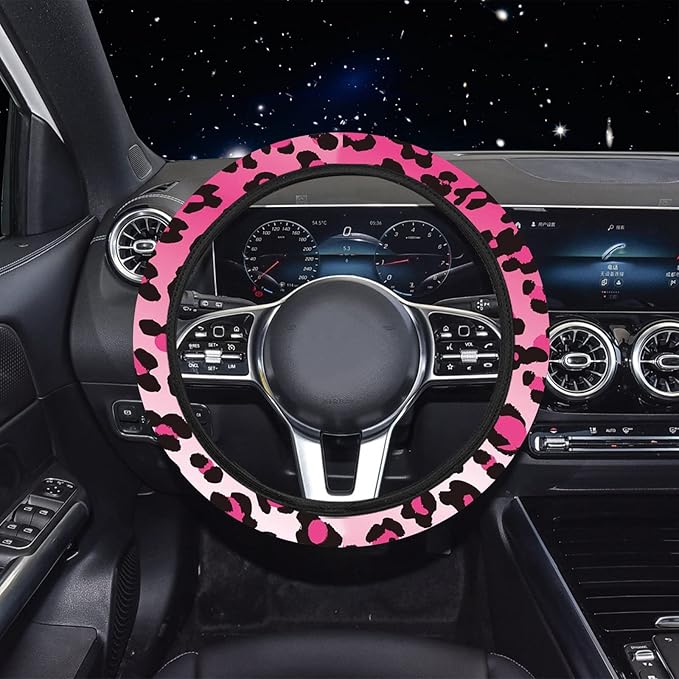 10 Pieces Leopard Print Printing Car Steering Wheel Cover Center Console Armrest Pad Headrest Seat Belt Cover Handbrake Cover Keychain Coaster Full Set Car SUV(Pink)