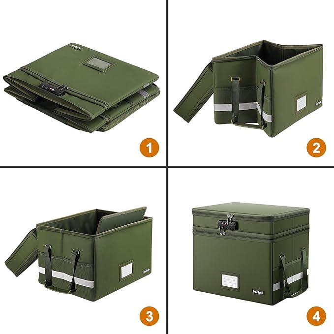 DocSafe File Box with Lock,Multi-Layer Fireproof Document Box Collapsible File Storage Organizer with Pockets/Handle,Portable