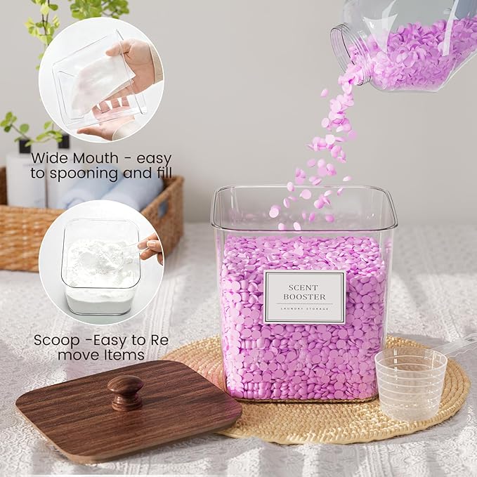 Laundry Pods Storage Container, Clear Laundry Room Organization and Storage,Detergent Powder Container,with Wooden Lids & Lab