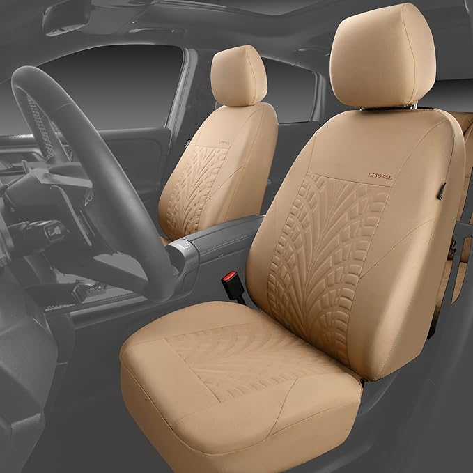 CAR PASS Car Seat Covers Two Front Only for Car, 3D Tyre Print Automotive Interior Covers, Airbag Compatible, Quick Setup Uni