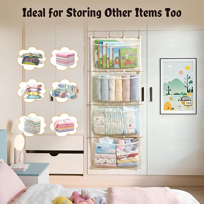 Over Door Large-Capacity Stuffed Animal Storage with Metal Hook & Wooden Stick, Hanging Plush Animal Bear Doll Toy Organizer 