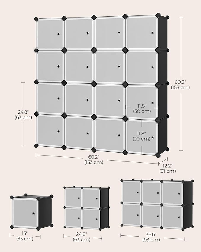 SONGMICS Cube Storage Organizer, Set of 16 Plastic Cubes, Closet Storage Shelves, DIY Plastic Closet Cabinet, Modular Bookcas
