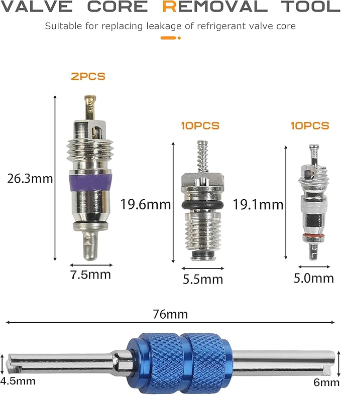 SCUARI 40PCS AC Schrader Valve Kit,AC Valve Core Kit,Car Accessories AC Valve Core Removal Tool,Schrader Valve Removal Tool,A