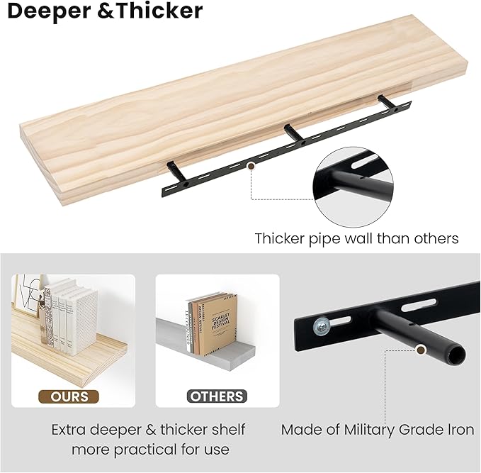 Vivelove Natural Wood Floating Shelves 48”，8 inch Deep Floating Shelf with Invisible Brackets, Unfinished Wall Shelves for Li