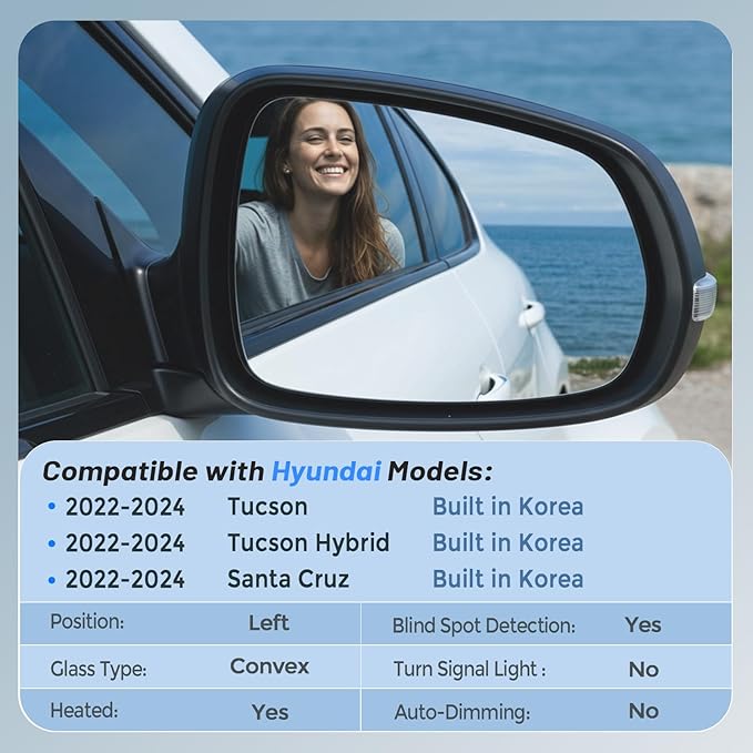 Driver Left Side Mirror Glass - Compatible with Hyundai Vehicles - 2022-2024 Tucson, 2022-2024 Santa Cruz, with Heated/Blind Spot Detection, Not Built in USA, Replace# 87611N9010