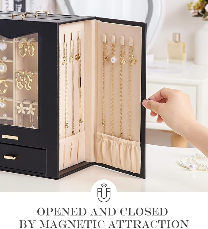 Homde Jewelry Organizer with Transparent Window Necklace Hooks Gift for Women Jewelry Box Display Case for Necklaces Rings Ea