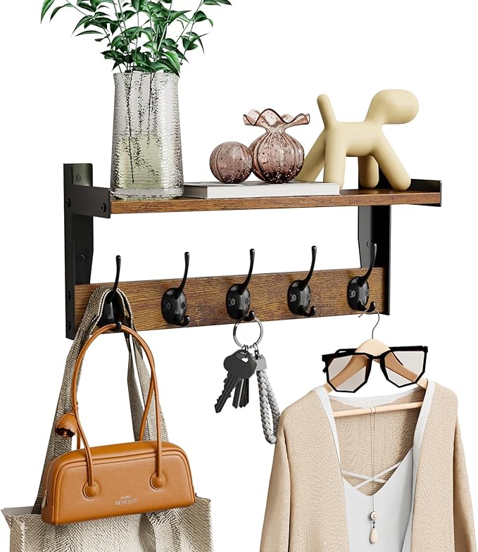 Wall Hooks with Shelf, Wood Coat Rack with Shelf Wall-Mounted, Entryway Hanging Shelves with 5 Metal Hooks for Clothes Hats T
