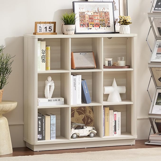 9 Cube Storage Book Shelf, 41" Tall Organizer Bookcase with Curved Edge, Wood Floor Standing 3-Tier Cubby Bookshelf with Base