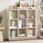 9 Cube Storage Book Shelf, 41" Tall Organizer Bookcase with Curved Edge, Wood Floor Standing 3-Tier Cubby Bookshelf with Base