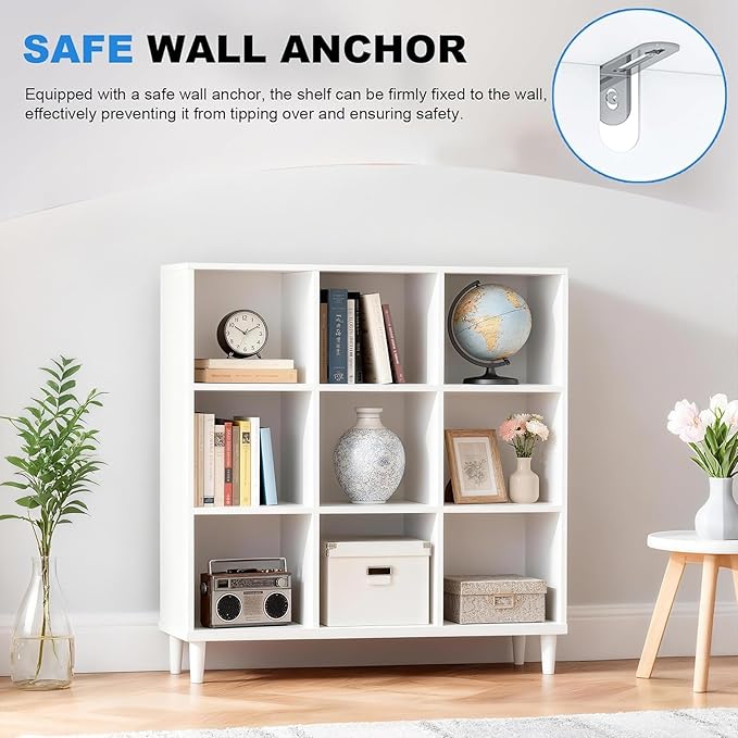 9 Cube Storage Organizer | White Bookshelf|3 Shelf Bookcase |Long Bookshelf| -Cubic Storage Cabinet（Storing Books,Toys & More