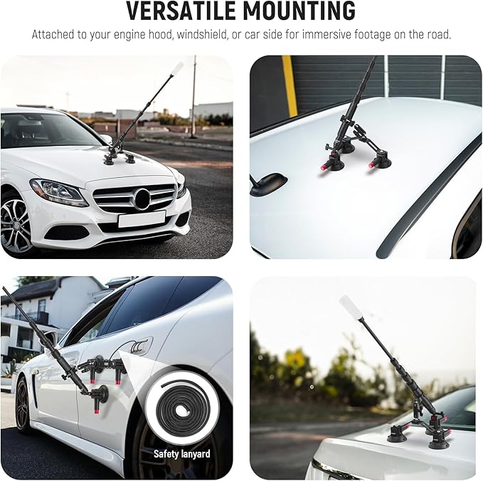 NEEWER Triple Suction Cup Car Mount Kit with 2in1 Extension Pole/Selfie Stick, Quick Release Outside Windshield Magic Arm Camera Mount Compatible with Insta360 Action Cam, Cleaning Cloth, CA065