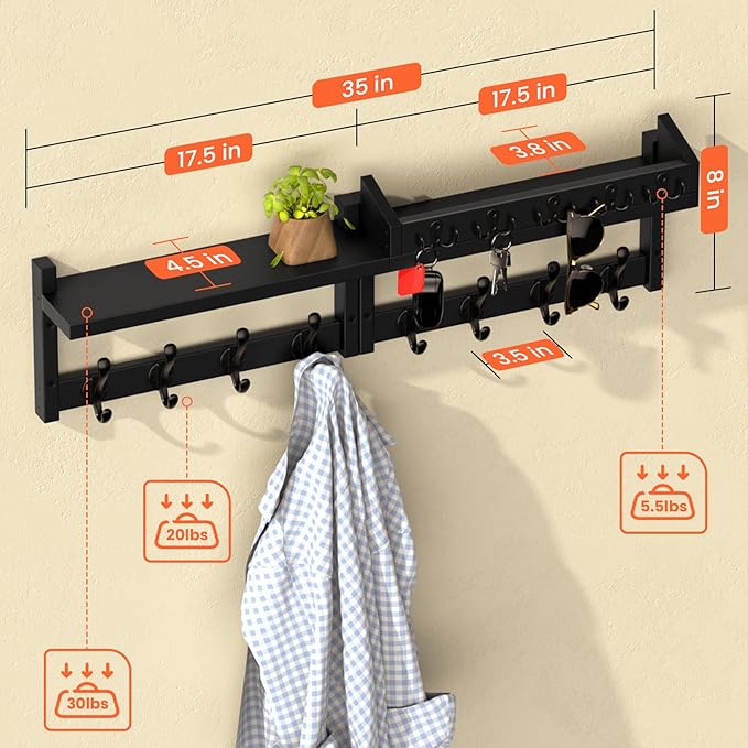 35'' Black Coat Rack Wall Mount with Shelf, Solid Wood Coat and Key Hanger with 13 Metal Hooks, Farmhouse Wall Organizer for 