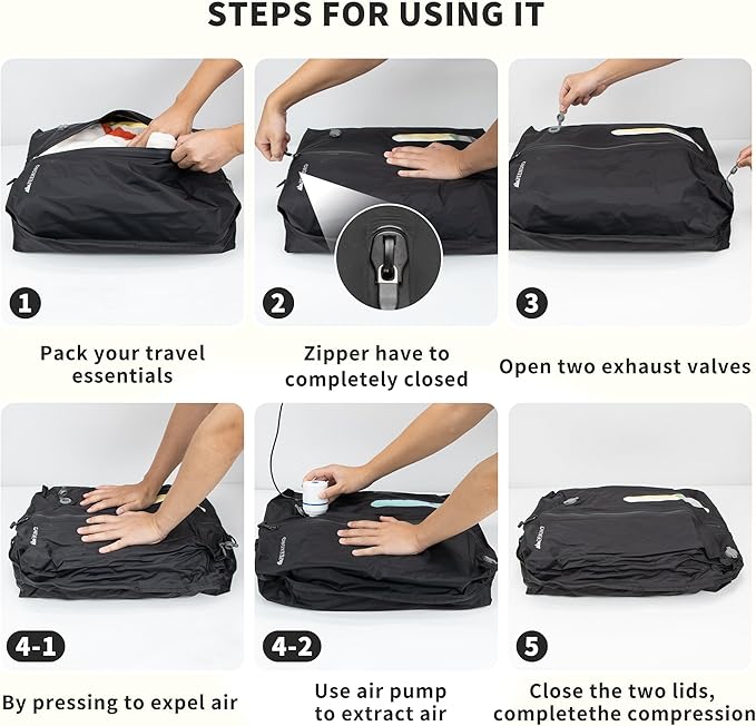 Vacuum Bag for Travel, Reusable Vacuum Compression Bags with Wired Pump for Travel Suitcases, Professional IPX8 Waterproof Tr