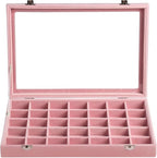 Frebeauty Velvet Jewelry Tray,35 Grid Jewelry Organizer with Clear Lid,Earring Holder Organizer Case with Clasp,Drawer Insert