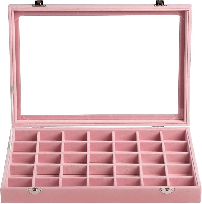 Frebeauty Velvet Jewelry Tray,35 Grid Jewelry Organizer with Clear Lid,Earring Holder Organizer Case with Clasp,Drawer Insert