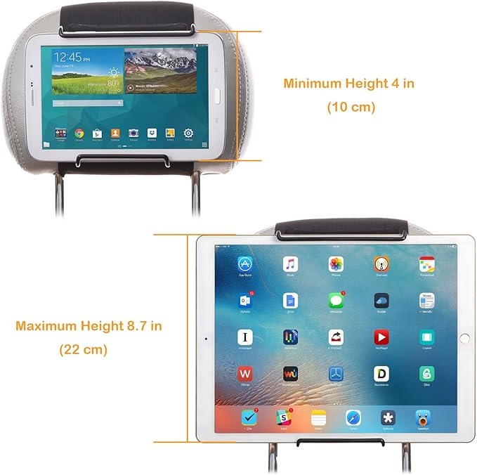 Universal Car Headrest Mount Holder with Angle-Adjustable Clamp - for Use with iPads, Galaxy Tablets and More
