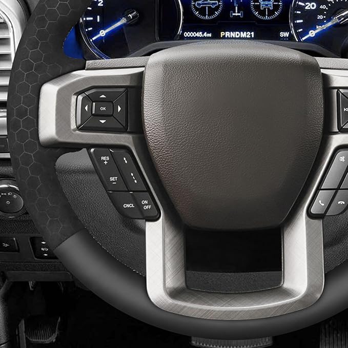 MEWANT Hand Stitch Real Leather Hive Embossed Athsuede Steering Wheel Cover for Ford F150 F250 F350 Expedition 2018-2021