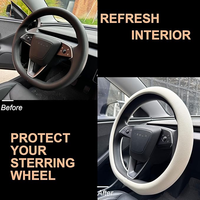 PINCTROT Nappa Leather Steering Wheel Cover for Tesla Model Y/3 Highland/Juniper, D Shaped 14 Inch Small Sized with Breathabl