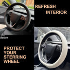 PINCTROT Nappa Leather Steering Wheel Cover for Tesla Model Y/3 Highland/Juniper, D Shaped 14 Inch Small Sized with Breathabl