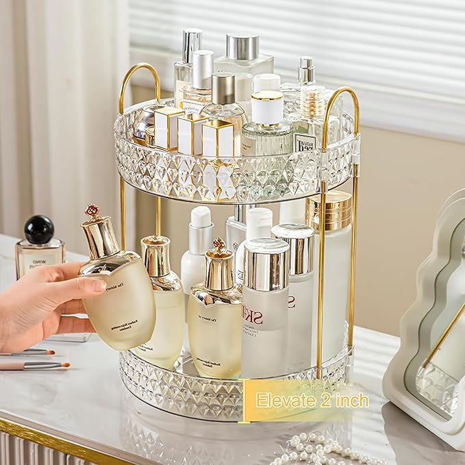 Rotating Makeup Organizer for Vanity, 2 Tier Perfume Skincare Storage for Women, Bathroom Counter Organizer, 360 Spinning Cos