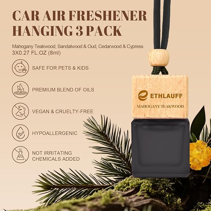 Car Air Freshener Hanging, 3 Pcs Teakwood Mahogany, Sandalwood & Oud, Cedarwood & Cypress, Wooden Scent Air Fresheners Diffus