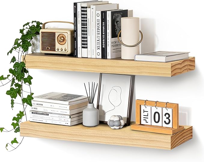Floating Wall Shelves 24x6.8x1.7 Inch – Solid Wood Rustic Shelves in Natural Wood Finish – Wall Mounted Display Shelf for Bat
