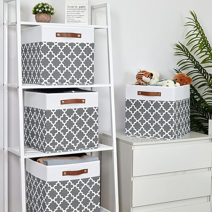 Temary Cube Storage Bins 13x13 - 4 Pack Cube Storage Bins for Shelf with Handles (Grey Lattice)